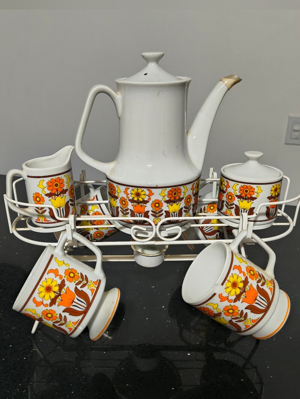 Vintage Floral Ceramic Tea or Coffee Set in White with Orange and Yellow Accents